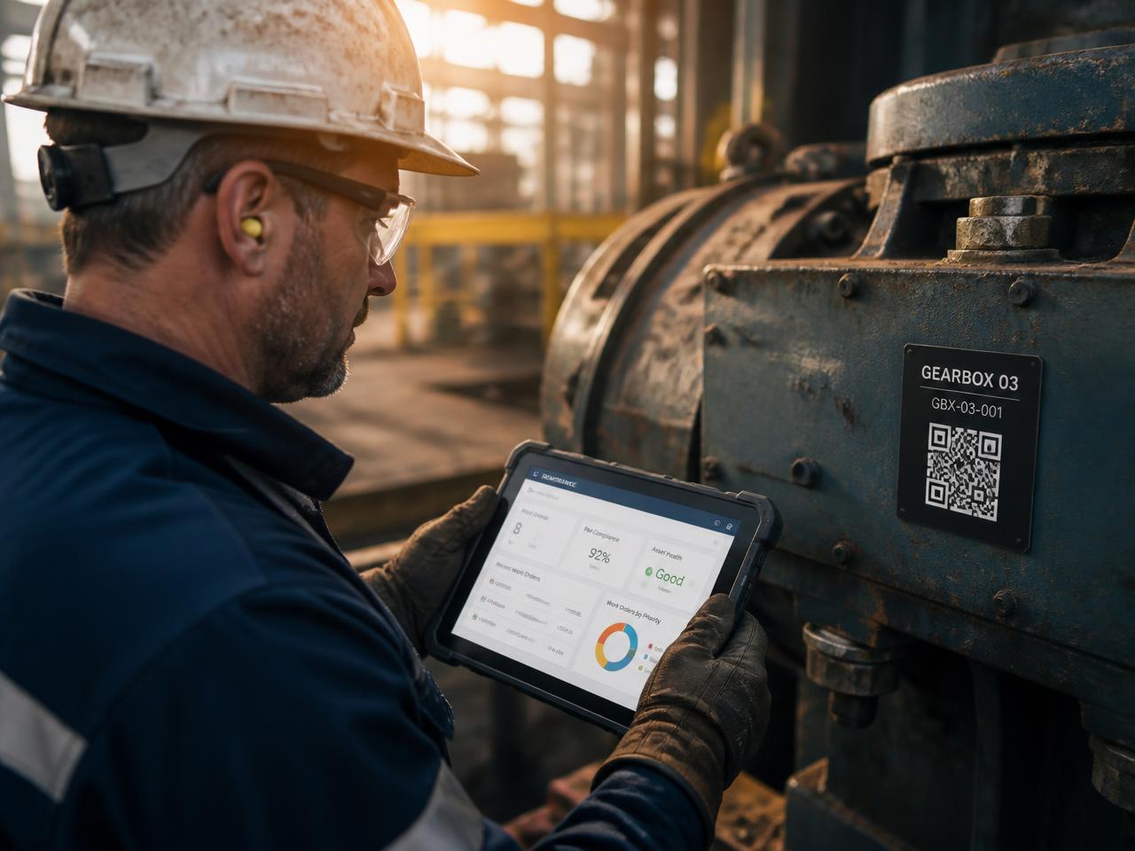 Technicien scannant un code QR d'équipement avec Gearbook sur une tablette